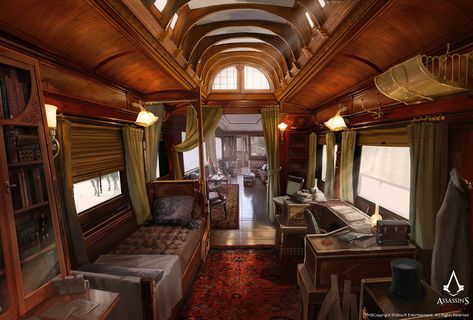 Train Hideout | Assassin's Creed Wiki | Fandom Train Interior Concept Art, Steampunk Room, Luxury Trains, Ac Syndicate, David Alvarez, Assassin's Creed Syndicate, Interior Concept Art, Jacob Frye, Train Carriage