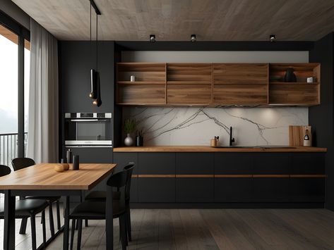 Luxury Dark Kitchen 😍 Luxury Dark Kitchen, Black And Walnut Kitchen, Dark Grey And Wood Kitchen, Modern Kitchen Dark, Kitchen Dark, Walnut Kitchen, Dark Kitchen, Van Life, Modern Kitchen