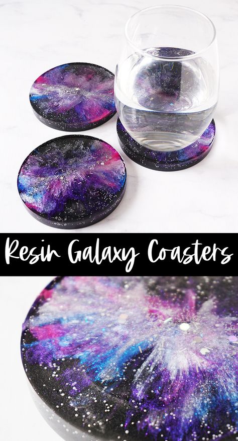 Resin Galaxy Coasters Epoxy Resin Color Combinations, Resin Art Coasters Diy, Epoxy Color Ideas, Resin Business Ideas, Galaxy Resin Art, Galaxy Epoxy, Epoxy Resin Art Ideas, Resin Art For Beginners, Galaxy Coasters