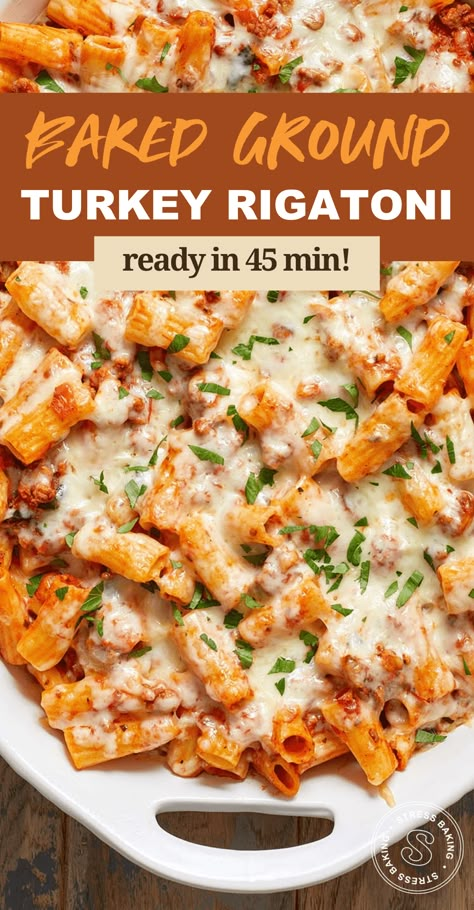 Turkey Ziti Bake, Turkey Rigatoni Recipes, What To Cook With Turkey Ground Meat, Baked Ziti Ground Turkey, Turkey Ground Meat Recipes Easy, Healthy Baked Ziti Recipe Ground Turkey, Turkey Healthy Meals, Ground Turkey Ricotta Pasta, Quick Dinner Ideas With Ground Turkey