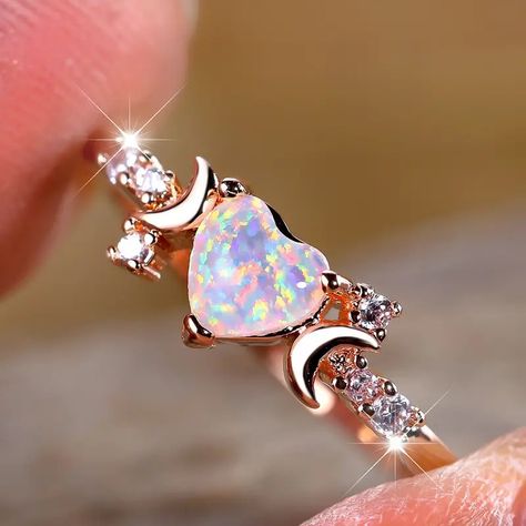 Sparkling Heart shaped Opal Ring Elegant Women's Wedding - Temu Stone Rings For Women, Colored Wedding Bands, Opal Meaning, Opal Stone Ring, Stone Ring Design, Heart Shaped Engagement Rings, Cute Promise Rings, Gold Color Ring, Vintage Rose Gold