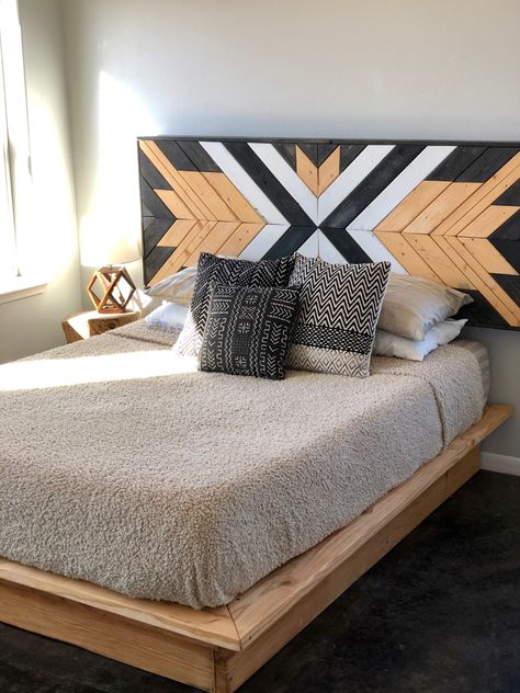 Wood Mosaic Headboard, Aztec Headboard, Art Headboard, Head Boards, Terrace Furniture, Bed Frame Design, Wooden Pallet Furniture, Headboard Wall, Wood Mosaic