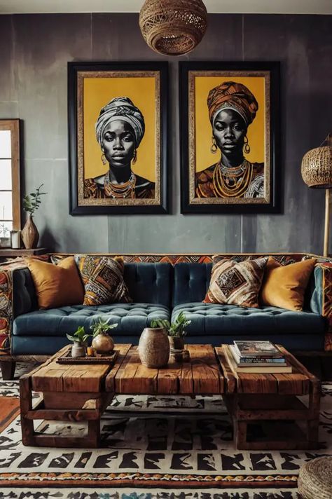 Afro Chic Living Room, African Inspired Living Room Modern, Yellow And Brown Living Room Ideas, South African Homes Interior Design, Modern Afrocentric Decor, Afrocentric Apartment Decor, Cognac Living Room Ideas, Boho Rustic Living Room Ideas, Afro Bohemian Style Decor Living Room