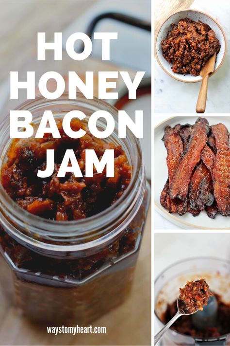 A seriously delish condiment! A 2-in-1 recipe for hot honey bacon, and hot honey bacon jam! Level up your summer grilling game and add this jam to burgers, chicken, sandwiches, BLT’s and my BLT Bruschetta! #bacon #hothoney #hothoneybaconjam #waystomyheartrecipe #allingredientswelcome #grilling #spring #summer #pork #baconlover #sandwiches #blt #honey #party #entertaining Bacon Jelly Recipe, Bacon Jam Chicken, Honey Bacon Jam, Hot Pepper Bacon Jelly Recipe, Bacon Marmalade Recipe, Uses For Hot Honey, Hot Honey Bacon Jam Salmon, Hot Pepper Bacon Jam Recipe, Bacon Pepper Jam