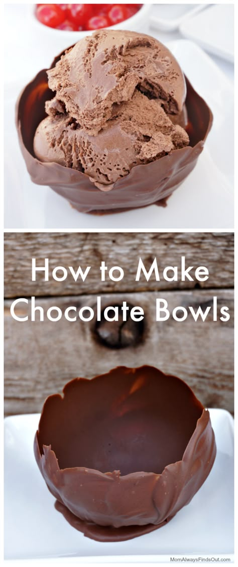 How to Make Chocolate Bowls (use melted chocolate chips, it's easy!) Edible Ice Cream Bowls. Step by step directions and recipe at Mom Always Finds Out. Melted Chocolate Chips, Edible Bowl, Chocolate Bowls, Chocolate Bowl, Ice Cream Bowls, Melting Chocolate Chips, Ice Cream Bowl, Melted Chocolate, Chocolate Ice Cream