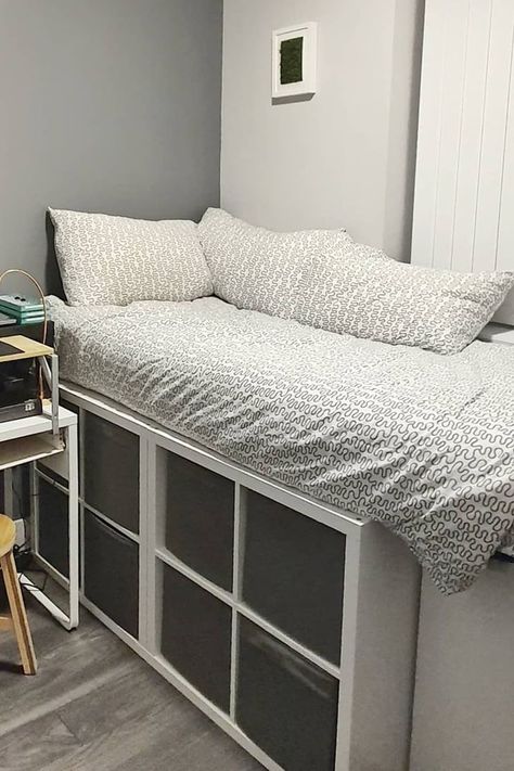 How to Create the Ikea Bed Frame on TikTok Ikea Bookcase Bed, Twin Bed Frame Ideas, Bed Frame Shelf, Ikea Bed Frame, Ikea Twin Bed, Bed Frame Hack, Homemade Bed Frame, Kallax Storage, Making A Bed Frame