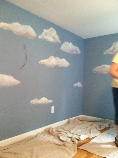 Baby's room painted by me clouds can be a boy or a girl then you could add planes or butterflies depending on baby's gender! Painted Clouds On Walls, Kids Church Rooms, Boys Room Blue, Baby Boy Room, Painting Teacher, Cloud Decoration, Chalk Wall, Kids Room Paint, Mural Wall