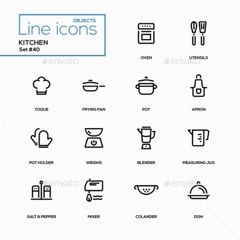 Kitchen Utensils - Line Design Icons Set - Miscellaneous Icons Cooking Icon, Pictogram Design, Kitchen Icon, Kitchen Logo, Cake Logo Design, Ui Patterns, Sharpie Tattoos, Restaurant Menu Design, Web Layout Design