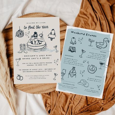 Whimsical Doodle River Float Bachelorette Weekend Invitation Float The River Bachelorette Party, Bachelorette Float Trip, River Bachelorette, Floating River, River Floating, Last Fling Before The Ring, River Tubing, Bachelorette Weekend Invitations, River Float