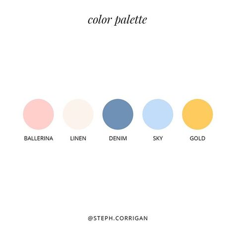 Soft, fun color palette featuring ballerina pink, linen, denim blue, sky blue, and gold as the accent color. Color inspiration for branding and brand identity design projects. Outdoor Playroom, Fun Color Palette, Brand Identity Colors, Winter Wedding Color Palette, Brand Colour Schemes, Brand Colours, Colour Pallets, Boy Rooms, Web Colors