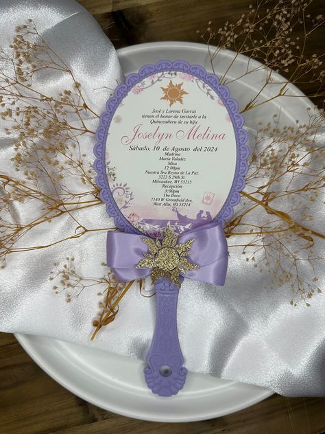 gorgeous Rapunzel invitations mirror invitations with a elegant touch for any occasion. 1. customized to any color theme. 2. mirror can sliver, rose gold, gold . 3. The bow can be customized to any color. 4. White box with clear top  Please message me with the details of the event and I will provide you with an image of the invitation to verify before printing. Turnaround time is from 4-6 weeks depending on quantity ordered. Rapunzel Quince Invitations, Purple Quince Invitations, Rapunzel 15 Theme, Rapunzel Theme Quinceanera, Purple Sweet 16 Decorations, Rapunzel Quinceanera, Rapunzel Quinceanera Theme, Tangled Quince, Rapunzel Quince