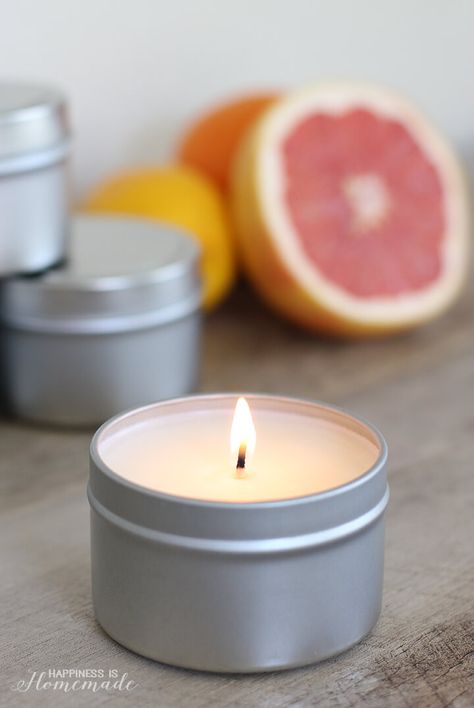 DIY Citrus Fresh Candle in Tin Soy Candle Recipe, Diy Soy Candle, Candle Diy Mason Jar, Beeswax Recipes, Healthy Candles, Soy Candles Labels, Massage Candles, Candle Labels Design, Candle Printable