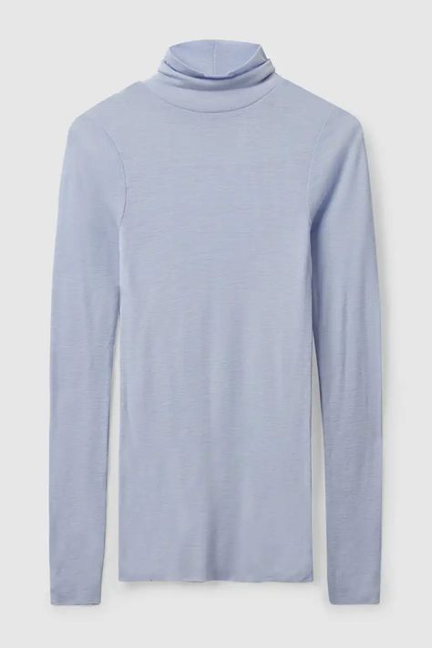 SLIM-FIT TURTLENECK TOP - Light blue - Tops - COS US Blue Turtleneck, Light Blue Top, Modern Style Design, Fitted Turtleneck, Cut Sweatshirts, Wool Turtleneck, Turtleneck Top, Women Essentials, Turtle Neck Top