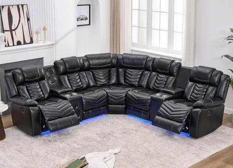 Comfort Stretch Power Recliner Sectional Sofa Couches with Bass Speakers for Living Room, Leather Reclining Corner Sectionals Sofa Couch Sets with LED Light, Electric Theater Recliners for Home, Black Recliner Sectional, Couch Sets, Theater Recliners, Home Cinema Room, Corner Sectional Sofa, Sectional Sofa With Recliner, Modern Home Furniture, Couch Set, Sectional Sofa Couch