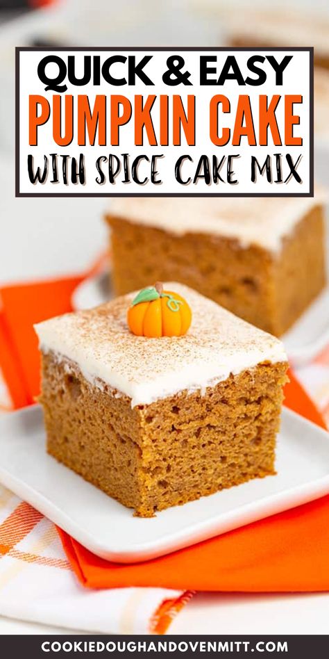 This Pumpkin Cake using Spice Cake Mix is a delightful fall treat! It's brimming with the perfect spiced pumpkin mix and topped with a velvety cream cheese glaze. Elevating a regular spice cake mix with pumpkin essence and extra seasonings becomes utterly delectable when paired with our crafted cream cheese topping and a sprinkle of cinnamon. Duncan Hines Spice Cake With Pumpkin, Spice Cake Mix With Pumpkin, Pumpkin Spice Cake With Box Cake, Easy Cake Mix Pumpkin Bars, Pumpkin Bars Made With Spice Cake, Pumpkin Cake Made With Spice Cake, Box Spice Cake Mix Ideas Pumpkin, Spice Cake Mix With Canned Pumpkin, Pumpkin Spice Cake With Cream Cheese