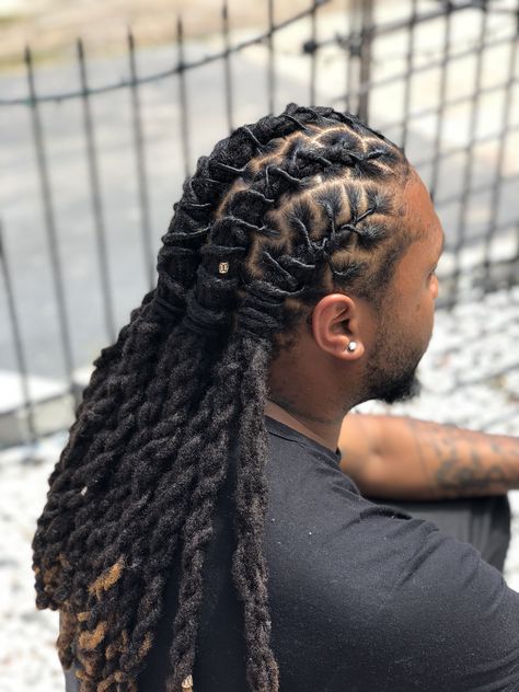 Loc Hairstyles Men Long, Men’s Loc Styles Long, Professional Loc Styles Men, Ways To Style Dreads, Men Loc Styles Long, Dreadlock Hairstyles For Men Long, Hairstyles For Men Dreads, Hairstyles For Medium Length Locs, Men Dreads Styles Black Man