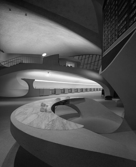 TWA Terminal at Idlewild (now JFK) Airport, Eero Saarinen, New York, N.Y., 1962  Photo Ezra Stoller/Courtesy Yossi Milo Gallery Airport Architecture, Twa Flight Center, Twa Terminal, Flight Centre, Santiago Calatrava, Walter Gropius, Eero Saarinen, Charles Eames, Alvar Aalto