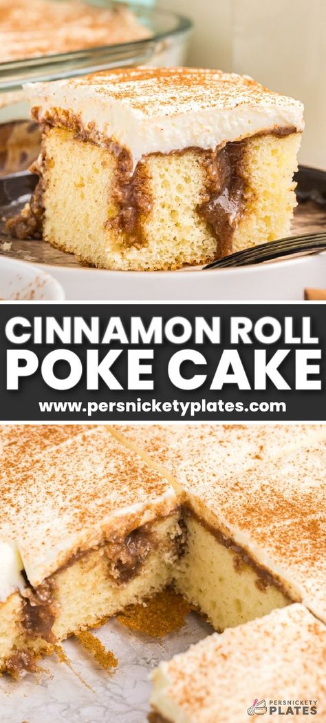 Super easy, semi-homemade CInnamon Roll Poke Cake Cinnamon Roll Poke Cake, Cinnamon Cake Recipes, Poke Cake Recipe, Cinnamon Cake, Poke Cake Recipes, Cinnamon Roll Cake, Poke Cakes, Cinnamon Rolls Homemade, Cinnamon Rolls Recipe