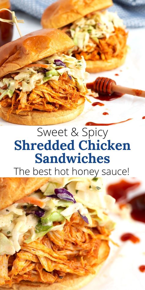 Looking for a super easy dinner? Try these Hot Honey Shredded Chicken Sandwiches! With only 15 minutes of hands-on time, chicken breasts, and hot honey sauce, they cook perfectly in your crock pot. Top with coleslaw and serve on toasted buns for a flavorful, sweet, and spicy meal. Ideal for busy weeknight dinners, the family will love this slow cooker recipe! Honey Garlic Chicken Sandwich, Easy Crockpot Chicken Sandwich Recipes, Crock Pot Honey Mustard Chicken, Buffalo Chicken Crock Pot Sandwiches, Shredded Chicken Sandwiches Stovetop, Hot Honey Shredded Chicken, Crockpot Hot Honey Chicken Sandwiches, Hot Honey Pulled Chicken, Chicken On A Bun