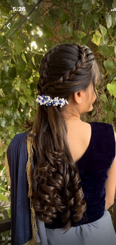 Ponytail Hairstyles For Wedding Indian, Chaniya Choli Hairstyles, Hairstyle For Party Wear Gown, Hairstyles With Lehenga Choli, Front Variation Hairstyle Indian, Sagar Choti Hairstyles, Messy Braided Hairstyles Indian, Open Hairstyles Indian Wedding, Front Hair Styles Easy