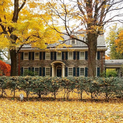 🍁🍂Fall in Philadelphia 🍂🍁A Chestnut Hill, Wissahickon schist , center-hall colonial , looks stunning amongst a bed of leaves.… Fall Colonial House, Massachusetts Colonial Home, Philadelphia Homes, Nell Haunting Of Hill House, Cambridge Massachusetts Houses, Chestnut Hill Philadelphia, Center Hall Colonial, Stone Homes, Chestnut Hill