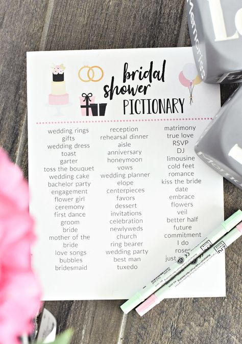 Bridal Shower Pictionary Game-all you need to do is print and play this fun bridal shower game. #bridalshower #games #bridalshowergames #bridalshowerideas Bridal Shower Pictionary Words, Brid Shower Games, Non Game Bridal Shower Activities, Brid Shower Ideas, Wedding Pictionary Words, Bridal Pictionary Words, Bride Games Bridal Shower Ideas, Bridal Shower Drinking Games, Wedding Pictionary