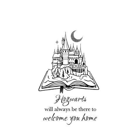 Simple Hogwarts Tattoo, Book Harry Potter Tattoo, Harry Potter Tattoos Hogwarts, Harry Potter Tattoos Book, Hogwarts Is My Home Tattoo, Simple Harry Potter Tattoo Designs, Harry Potter Book Tattoo Ideas, Harry Potter Line Drawing, Harry Potter Tattoo Stencil