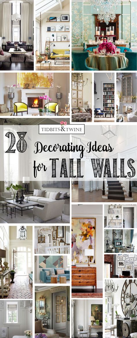 Don't know what to do with your tall walls? Here's a look at 8 methods and 28 ideas for these oversized spaces that will complete the look of your room. Tall Ceiling Living Room, High Ceiling Bedroom, High Ceiling Decorating, Tall Wall Decor, Wooden Bookshelves, High Ceiling Living Room, Wal Art, Family Room Walls, Large Wall Space