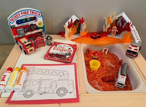 Fireman Sensory Bin, Fire Truck Sensory Bin, Firetruck Sensory Bin, Firefighter Sensory Bin, Tuff Tray Ideas Toddlers, Fire Safety Activities, Community Helpers Unit, Child Development Activities, Flisat Table