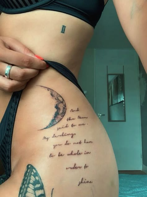 Tattoos About Femininity, Tattoos With The Moon, Poems For Tattoos, Tattood Bodies Woman, Poem Tattoos Women, Moon Tattoo With Quote, Moon Back Tattoo Women, Moon Related Tattoos, Woman Moon Tattoo