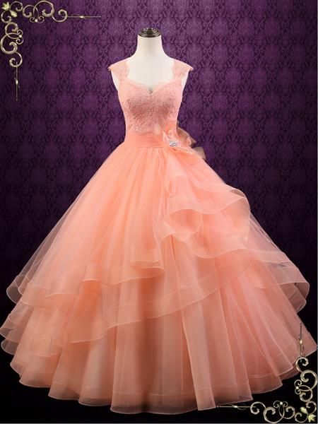 Peach Colored Ball Gown Wedding Dress | Persi Wedding Dress With Cap Sleeves, Peach Gown, Peach Color Dress, Dress With Cap Sleeves, Gown Style, Princess Ball Gowns, Cute Prom Dresses, Pretty Prom Dresses, Quince Dresses