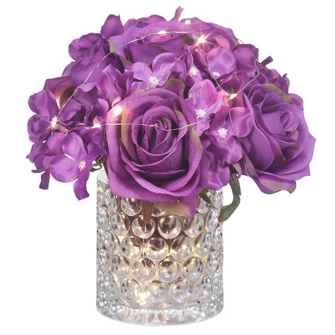 PRICES MAY VARY. Artificial flowers with LED light (2 AA batteries not included): The flower arrangements in the vase include five silk roses and some hydrangea flowers, and decorative bubble design on the vase to make a unique design. LED lights can decorate your home, light up dark areas, and shine brightly. Make the environment very romantic. look so beautiful. Realistic & Elegant: Flowers is made of premium quality silk, so the elegant nearly natural rose look feels like those of fresh flowe Purple Party Decorations, Purple Wedding Centerpieces, Bday Decor, Baby Shower Table Centerpieces, Purple Centerpieces, Wedding Bathroom, Bathroom Table, Purple Home Decor, Elegant Centerpiece