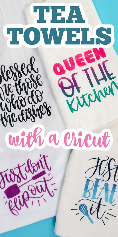 Make Cricut tea towels 4 different ways with these techniques. It is easy to make fabric projects with any Cricut machine! #cricut #cricutmade #cricuttowels Cricut Football Towel, Dish Towel Cricut Ideas, How To Make Tea Towels With Cricut, Sublimation Towels Diy, Htv Tea Towels Diy, Towel Embroidery Designs Gift Ideas, Dish Towels Cricut, Cricut Kitchen Towels Diy, Kitchen Towel Cricut Ideas