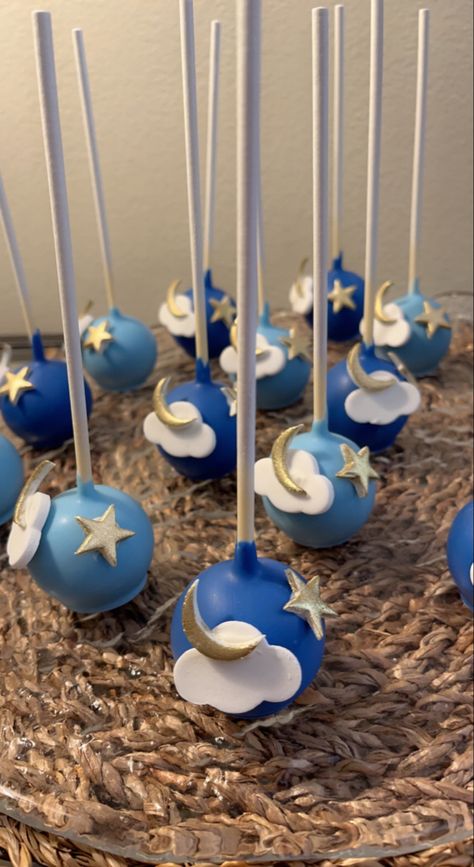 Moon Theme Dessert Table, Celestial Cake Pops, Moon And Stars Food Ideas, Moon And Stars Treats, Moon And Stars Cakesicle, Twinkle Twinkle Little Star Cake, Twinkle Little Star Cake, Star Cake Pops, Hoco 2023