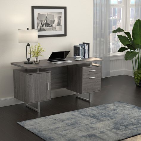 Grey Office Desk, Contemporary Office Space, Wooden Writing Desk, Desk Modern, Desk Dimensions, Desk Styling, Grey Office, Modern Office Desk, Attractive Colors