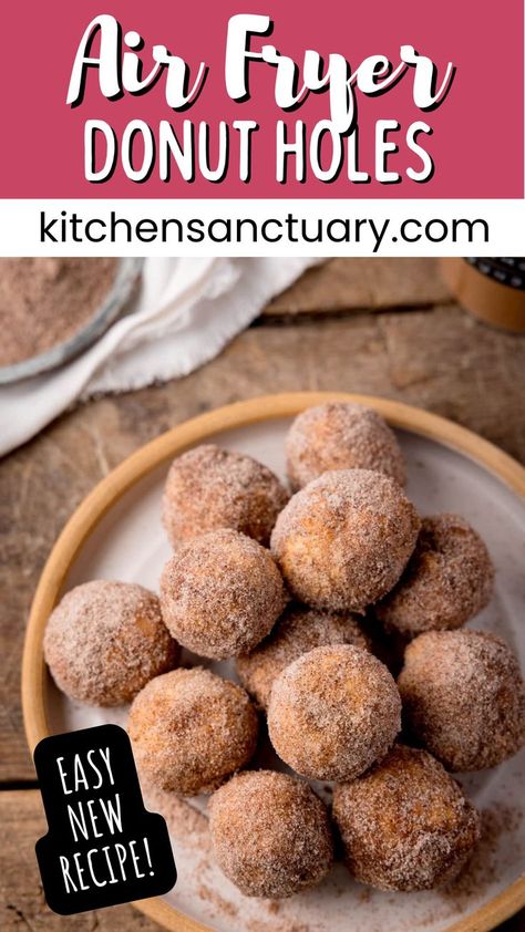 Air Fryer Donut Holes come together super quickly – no dough proving needed. Soft chewy donut bites coated in sweet cinnamon sugar. I love these as an easy snack – needing only 6 ingredients. It takes about 20 minutes from start to finish to have a bowl of these heavenly treats sat in front of you. 2 Ingredient Air Fryer Donut Holes, Airfryer Donut Holes, Quick Donut Holes, Air Fryer Donut Holes Recipes, 3 Ingredient Donut Holes, Air Fry Donut Holes, Air Fryer Cinnamon Sugar Donut Holes, Homemade Donut Holes Recipe Easy, Air Fryer Sweet Treats