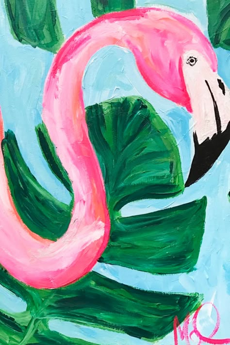 Classic Flamingo Painting | Tropical Leaves & Frond Designs. | Colorful and Bright Artwork | Easy and fun wall ideas #flamingopainting #flamingoprint #megancarn #tropicaldesigns Easy Acrylic Painting Ideas, Animal Paintings Acrylic, Flamingo Painting, Tropical Painting, Acrylic Painting Ideas, Easy Acrylic Painting, Colorful Paintings Acrylic, Simple Canvas Paintings, Cute Canvas Paintings