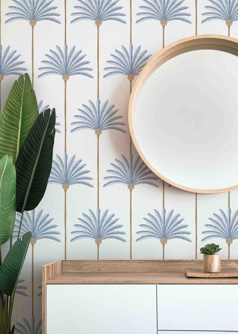 Palm Stripes Wallcovering | Tropical Home Décor Modern Tropical Wall Art, Pull And Stick Wallpaper, Tropical Bathroom Aesthetic, Vibrant Bathroom Wallpaper, Modern Stripe Wallpaper, Powder Room Wallpaper Coastal, Old Florida Wallpaper, Large Print Peel And Stick Wallpaper, Schumacher Wallpaper Powder Room