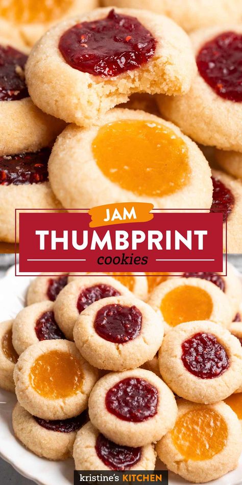 These thumbprint cookies are soft, buttery cookies that are rolled in sugar and filled with jam. They're so pretty and also one of the best cookies I've ever tasted! You don't need to chill the cookie dough for this easy recipe. Jam Thumbprint Cookies, Thumbprint Cookies, Jam