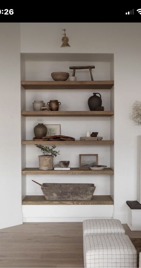 Shelves On Stone Wall, Open Shelving Decor, Bookshelf Styling Living Room, Built In Wall Shelves, Floating Shelves Living Room, Shelf Decor Living Room, Washing Walls, Wooden Cottage, Aesthetic Living Room