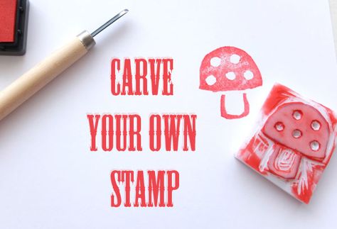 Tutorial: Carve a Stamp · Stamping | CraftGossip.com Make Your Own Stamp, Eraser Stamp, Personalized Gift Cards, Hand Carved Stamps, Stamp Carving, Genius Ideas, Shape Crafts, Camping Crafts, Stamp Making