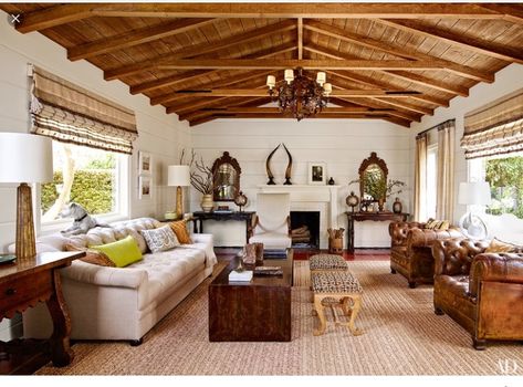 White shiplap, wood & beams ceiling, & carpet Spanish Style Interior Design, Spanish Ranch, Spanish Interior Design, Spanish Farmhouse, Madeline Stuart, Spanish Interior, Santa Barbara Style, Spanish Colonial Revival, New York City Apartment