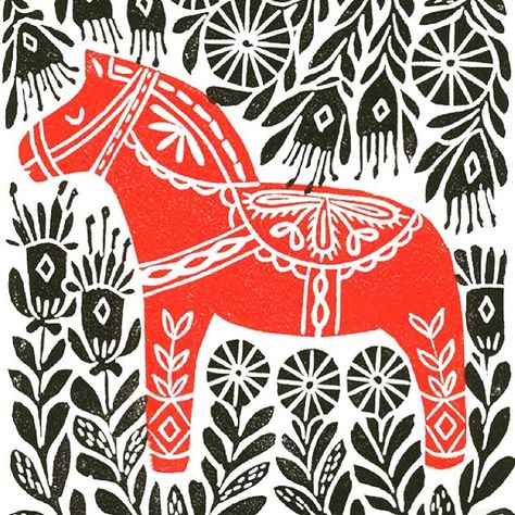 @photographer • Instagram photos and videos Linocut Artists, Print Repeat, Arte Folk, Linocut Printmaking, Red Horse, Andrea Lauren, Horse Illustration, Folk Design, Dala Horse