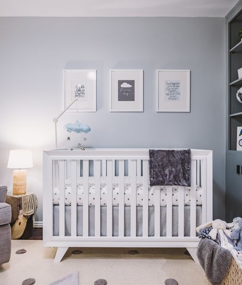 Jordin Sparks Nursery with the Project Nursery Wooster Crib Blue Gray Nursery, Boy Nursery Design, Baby Boy Nursery Woodland, Car Nursery, Grey Baby Nursery, Baby Nursery Diy, Gray Nursery, Tree Bookshelf, Nursery Bookshelf