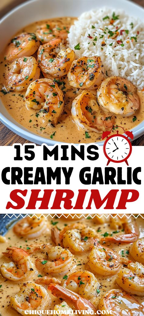 Looking for a quick and delicious meal? Try this Easy Creamy Garlic Shrimp recipe ready in just 15 minutes! Juicy shrimp coated in a rich garlic parmesan sauce make the perfect dinner. Serve it over pasta, rice, or with crusty bread for a satisfying meal everyone will love! Creamy Garlic Shrimp Recipe, Creamy Seafood Pasta, Crispy Fish Tacos, Creamy Garlic Shrimp, Gourmet Seafood, Creamy Seafood, Crispy Fish, Garlic Parmesan Sauce, Delicious Seafood Recipes