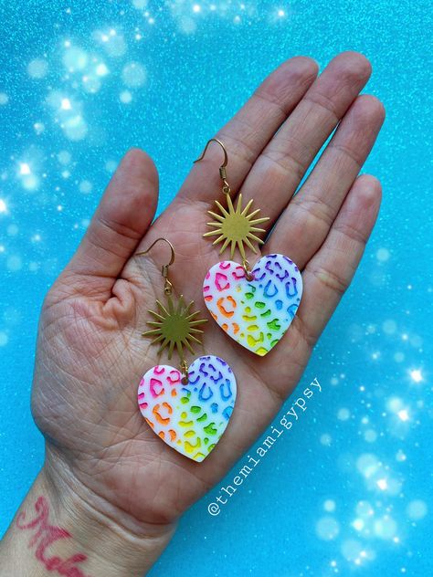 Lisa Frank Clay Earrings, Lisa Frank Earrings, Lisa Frank Crafts, Acrylic Earrings Laser Cut, Laser Cut Jewelry Acrylic, Lisa Frank Inspired, Glowforge Ideas, Rainbow Snake, Leopard Earrings