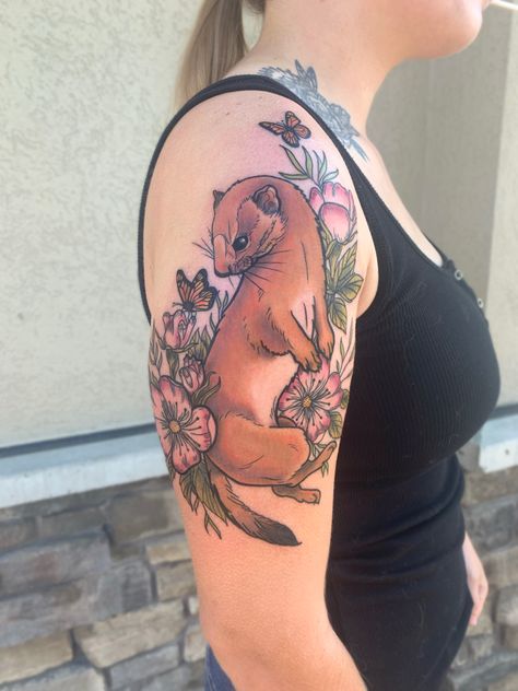 Ermine Tattoo, Neo Trad Animal Tattoo, Weasel Tattoo, Ermine Weasel, Birch Tree Tattoos, Wild Rose Tattoo, Wood Tattoo, Cute Animal Tattoos, Autumn Tattoo