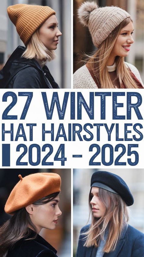 Winter hat hairstyles 2024-2025 offer versatile options for short hair and long hair. Pair a women short hair bob with a baseball cap or trucker hat for a casual, sporty look. Curly hair can be styled into a low bun and worn with a bucket hat or beret for a cute, cozy vibe. These looks are easy to achieve and perfect for cold-weather styling. Hats On Short Hair Women, Winter Hat Styles For Women, How To Wear Winter Hats, Trucker Hat Short Hair, Women’s Winter Hats, Hat Trends 2024, Hairstyles For Winter Hats, Winter Hats For Women Cold Weather, Bob With Hat