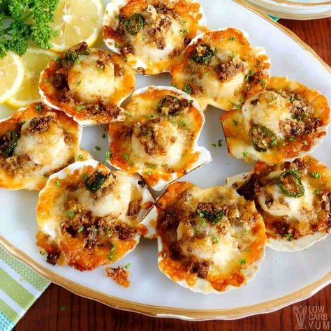 An easy baked sea scallops recipe with a crispy low carb and gluten free topping. Makes a fantastic keto friendly appetizer or main course. Scallop Appetizer, Seafood Casserole Recipes, Scallops Recipe, Baked Scallops, Sea Scallops, Low Carb Appetizers, Scallop Recipes, Low Carb Baking, Low Carb Gluten Free