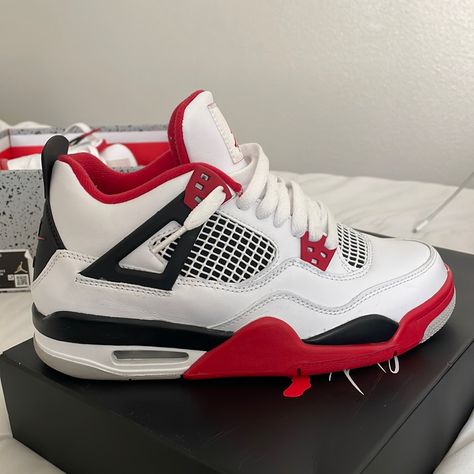 Jordan 4 Gs Fire Red!!! Size 6.5 Great Condition Only Wore Once! Message For Any Questions! Trendy Shoes Sneakers Nike, Jordans 4 For Women, Cool Jordans Shoes, Jordan 4 Shoes For Women, Red Shoes Jordans, Red White And Black Jordans, Cheap Shoes For School, Cute Jordans 4s, Cute Jordans Shoes